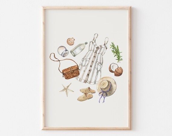 Striped Sundress Coconut Starfish Tropical Summer Watercolor Poster