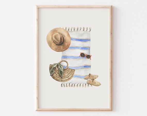 Striped Towel Straw Hat Beach Essentials Watercolor Coastal Poster