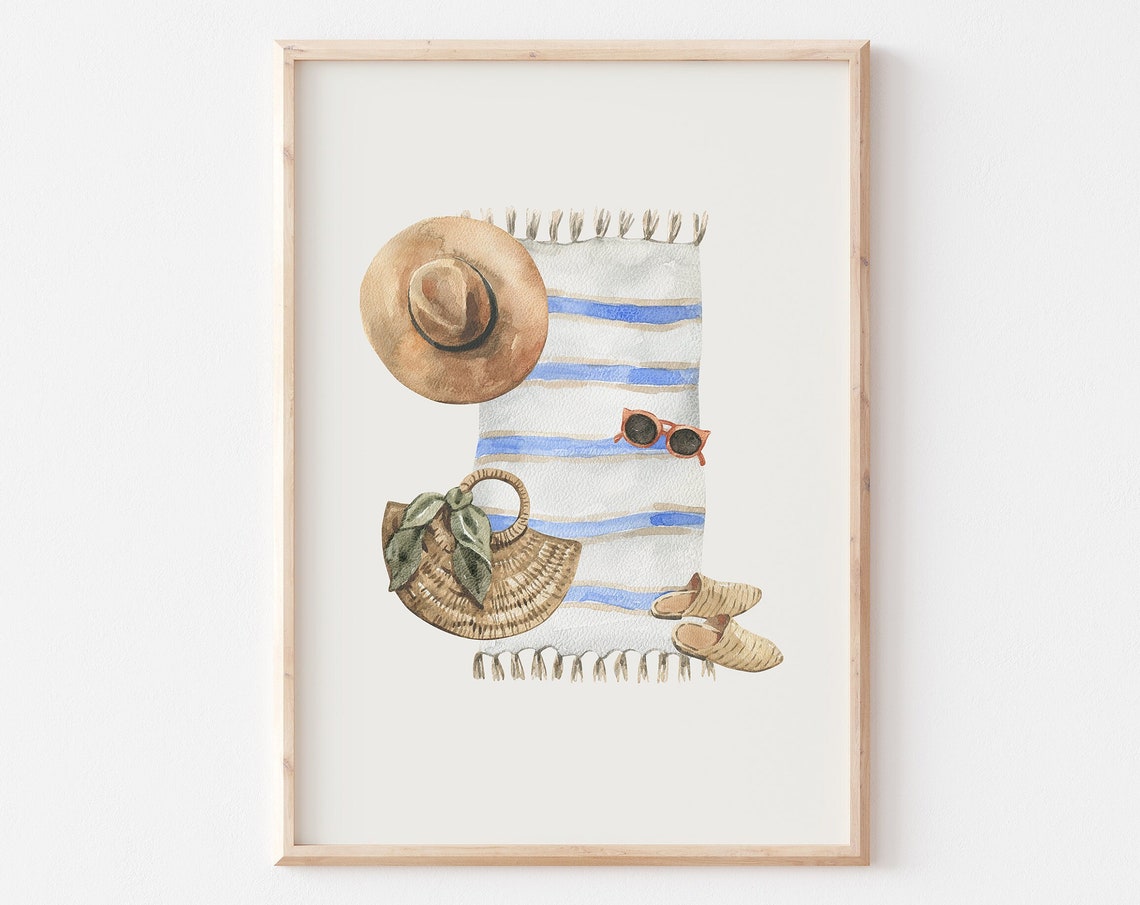 Striped Towel Straw Hat Beach Essentials Watercolor Coastal Poster
