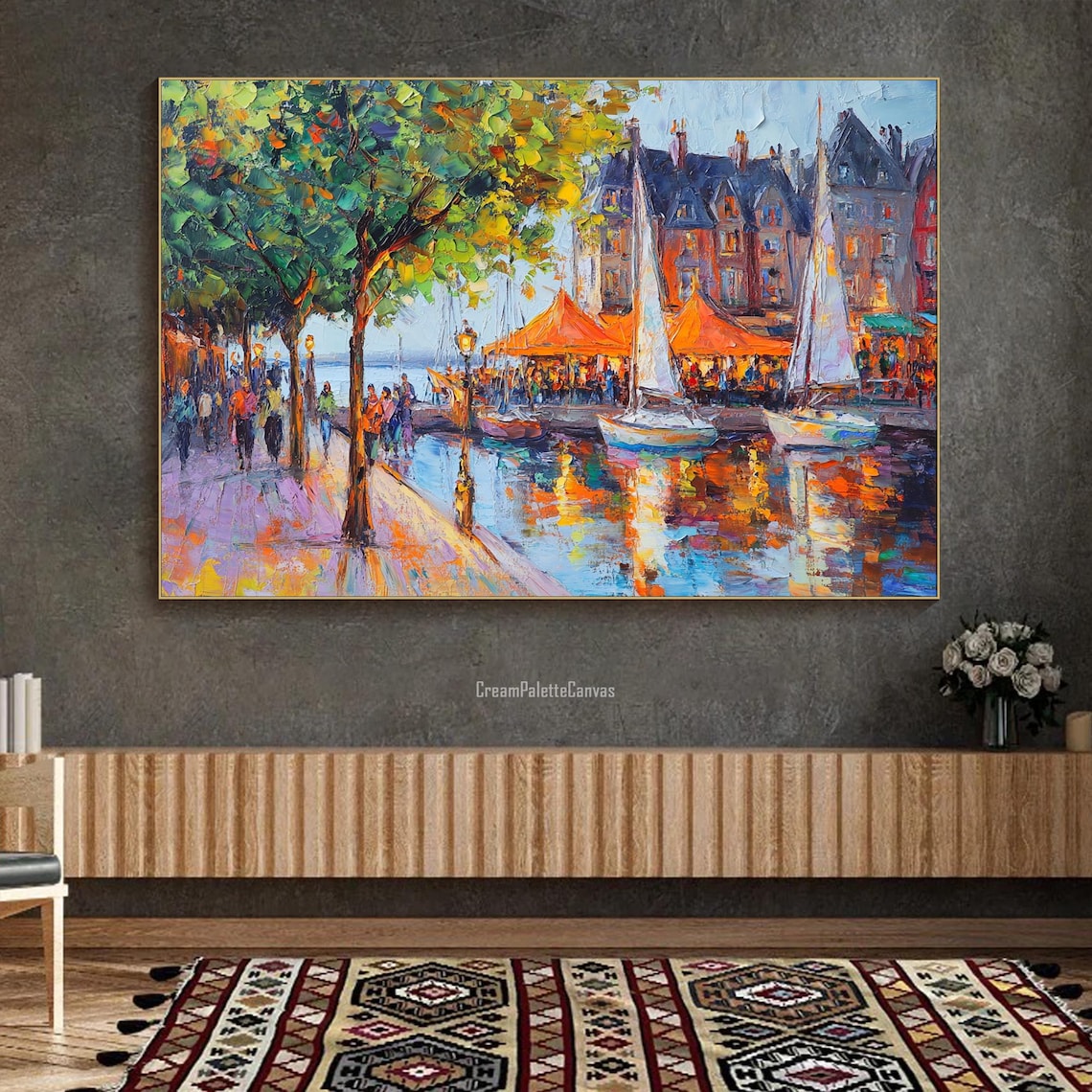 Harbor Scene Oil Painting, Urban Cityscape Art Print - Image 2
