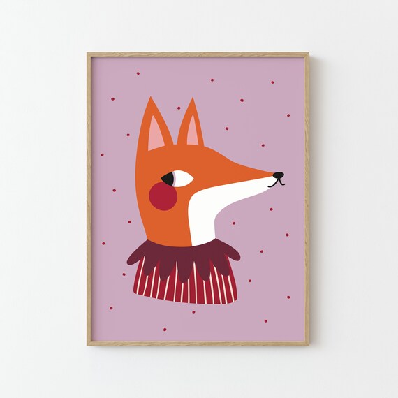 Berry Fox Print Illustration Poster, Kids Room Decor