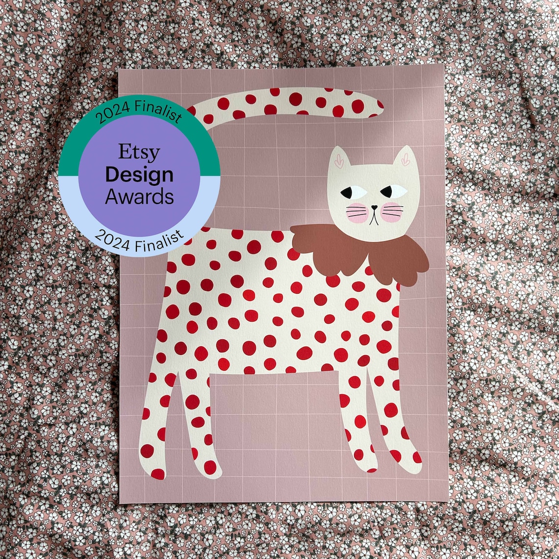 Cat Print Red Polka Dots Poster for Kids Room - Image 3