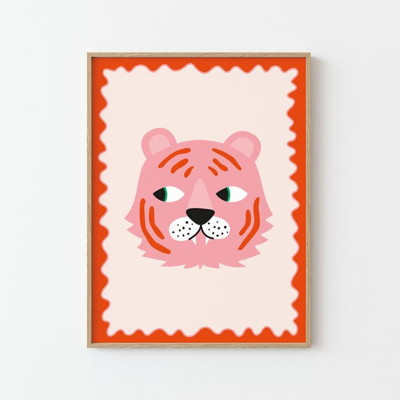 Pink Tiger Illustration Poster, Nursery Animal Decor