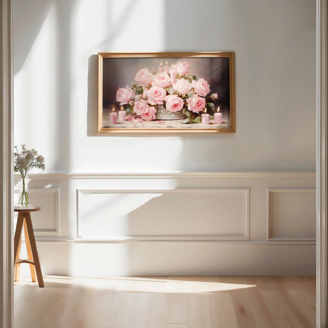 Pink Roses Glowing Candles Romantic Still Life Valentine Poster - Image 2