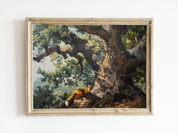 Red Fox Under Giant Oak Tree Sunlit Woodland Wildlife Painting Wall Poster
