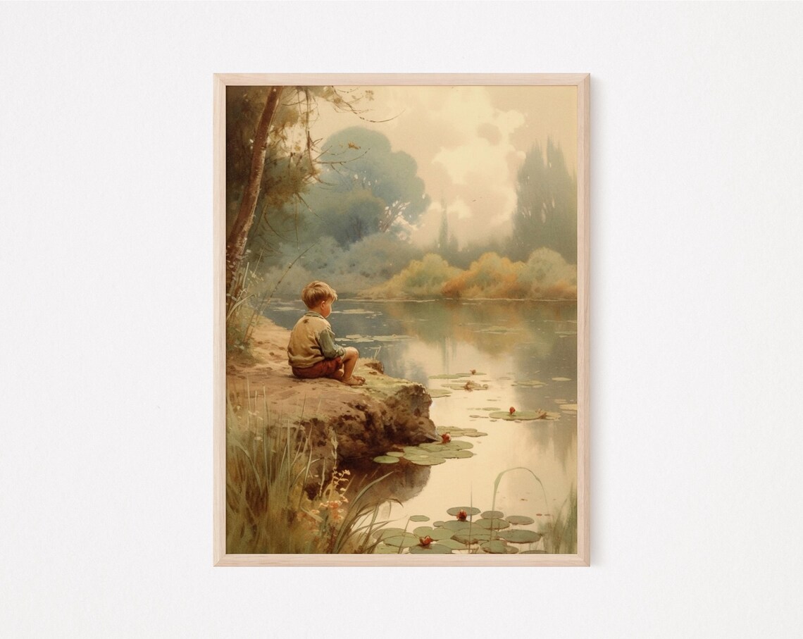 Vintage Boy by Pond Oil Painting, Rustic Print - Image 2