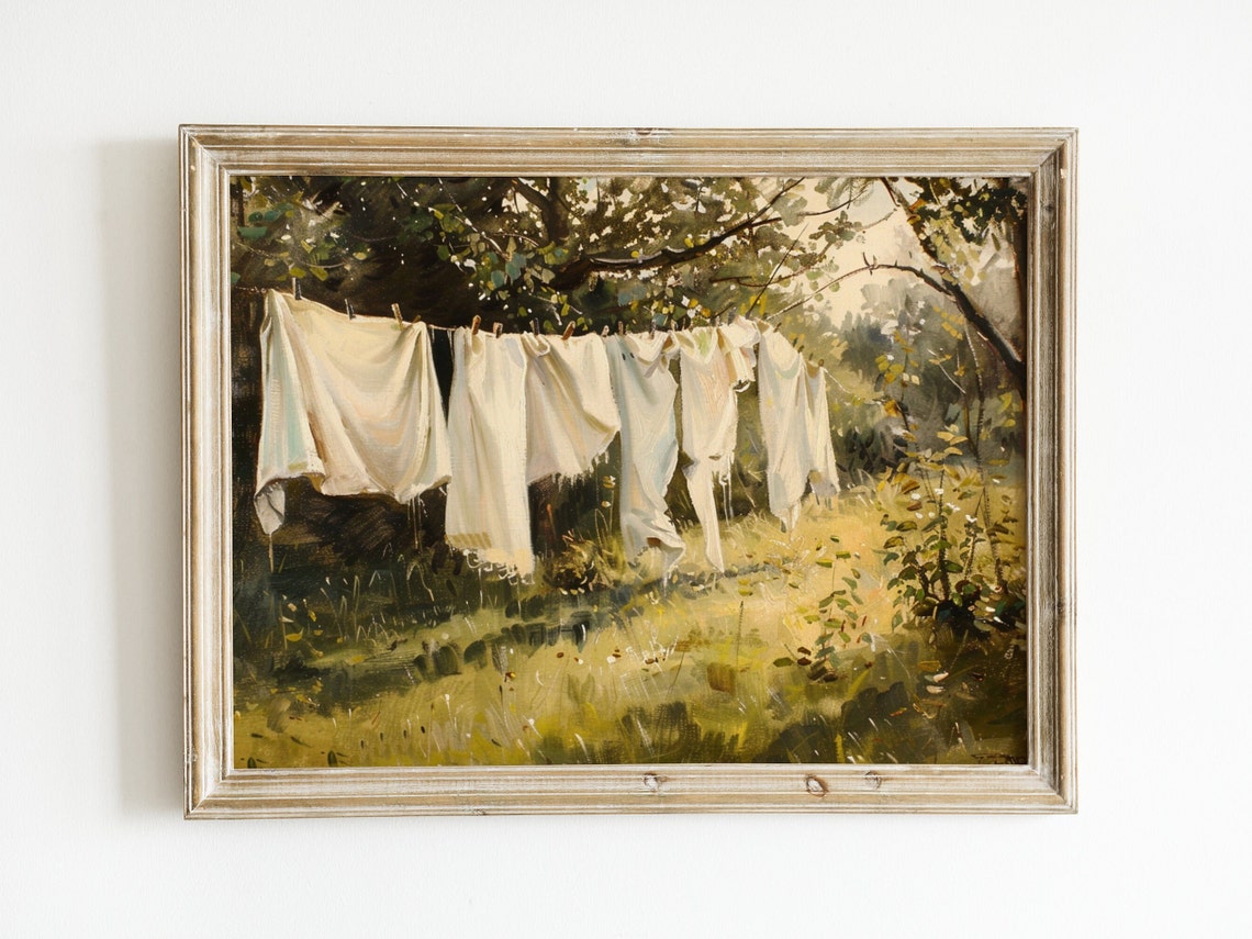 White Sheets on a Clothesline Vintage Laundry Room Oil Painting Poster