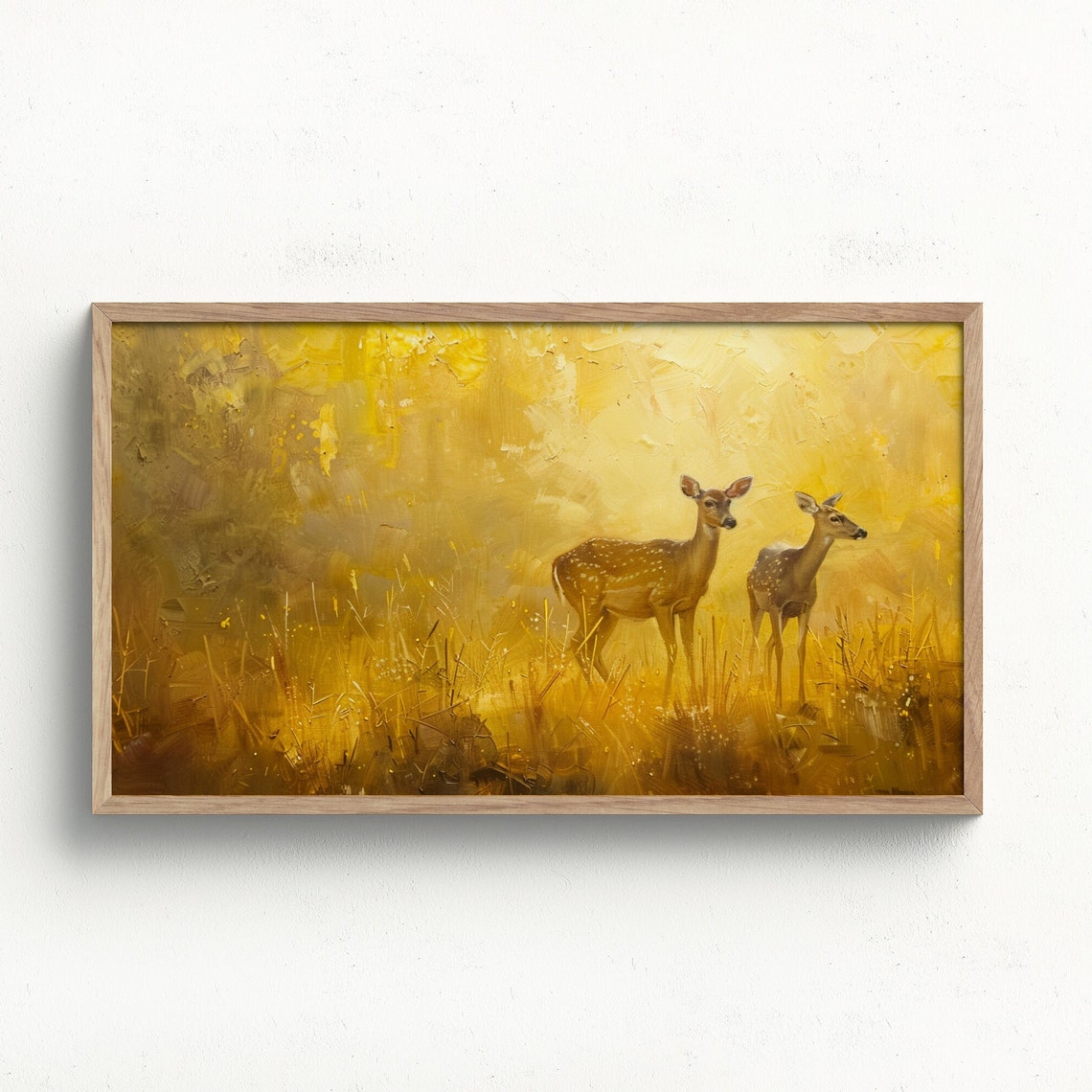 Two Deer Golden Sunlit Meadow Warm Impressionist Wildlife Poster
