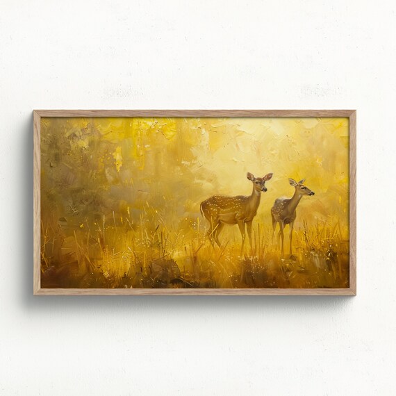 Two Deer Golden Sunlit Meadow Warm Impressionist Wildlife Poster
