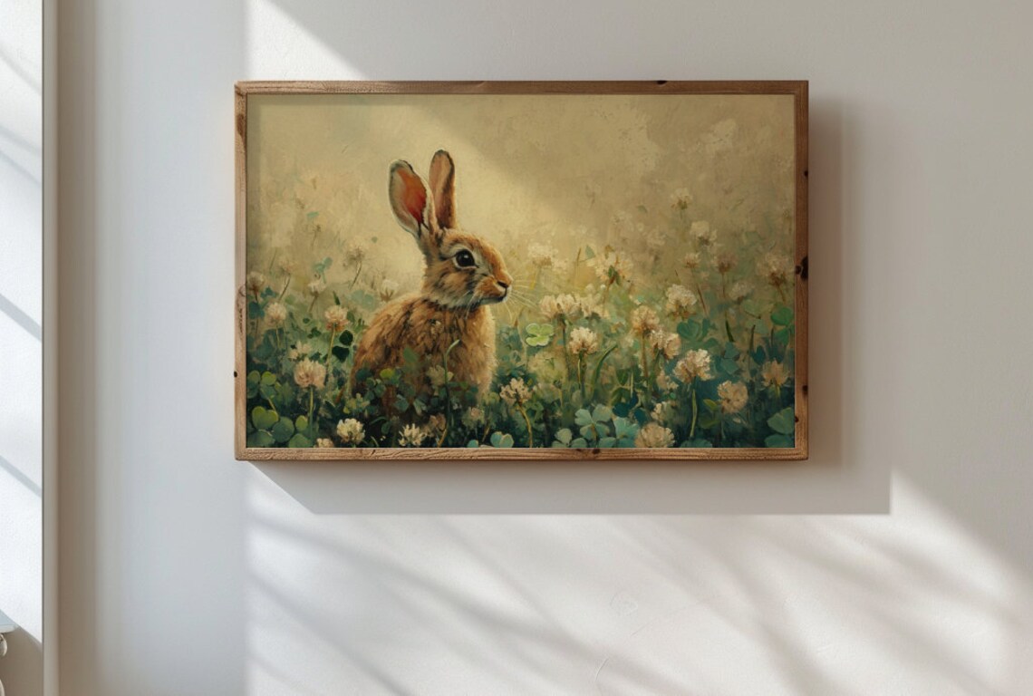 Bunny in Clover Meadow Golden Vintage Rabbit Painting Nursery Wall Poster - Image 2