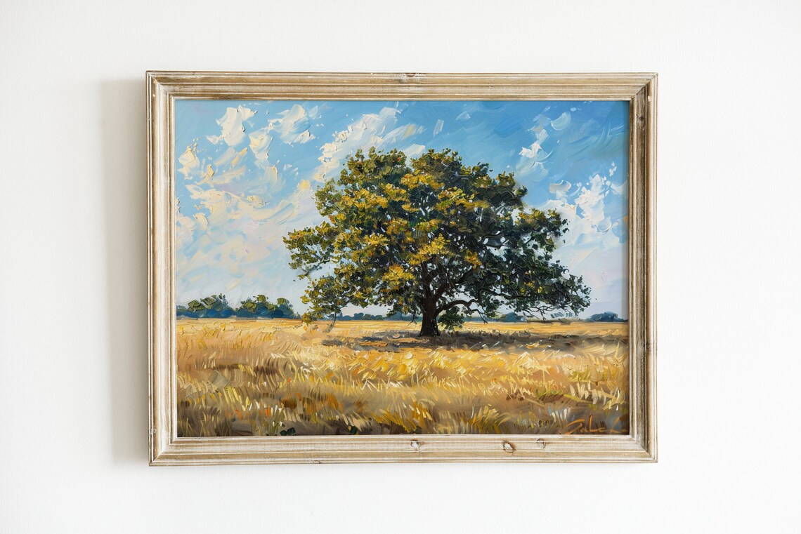 Vintage Tree Painting Oak Tree In A Wheat Field Print Rustic Farmhouse Wall Decor Wall Artwork - Image 2