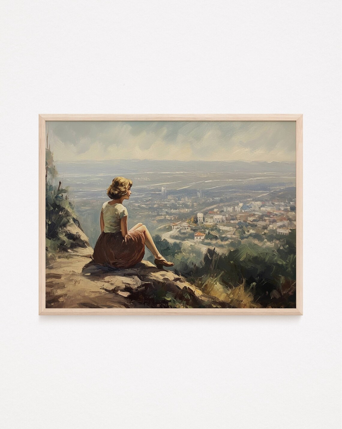 Woman Overlooking Town From Hilltop Vintage Oil Painting Travel Poster - Image 2