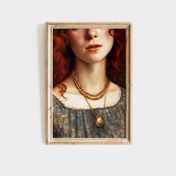Redhead Woman Pearls Antique Portrait Vintage Painting Print Poster