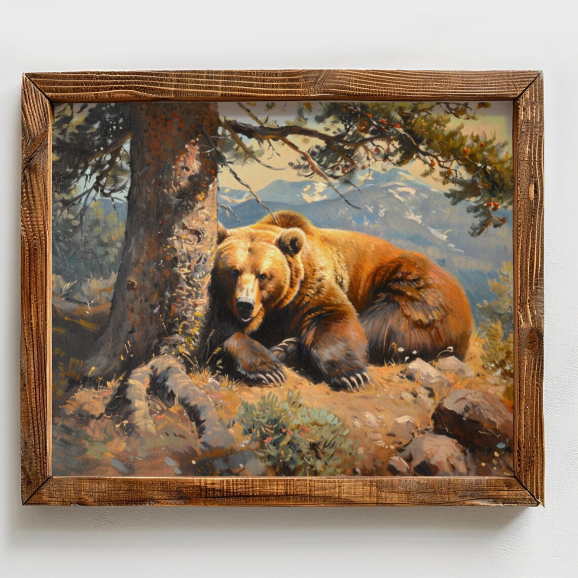 Brown Bear Resting Beneath Pine Tree Mountain Wilderness Wildlife Poster - Image 2