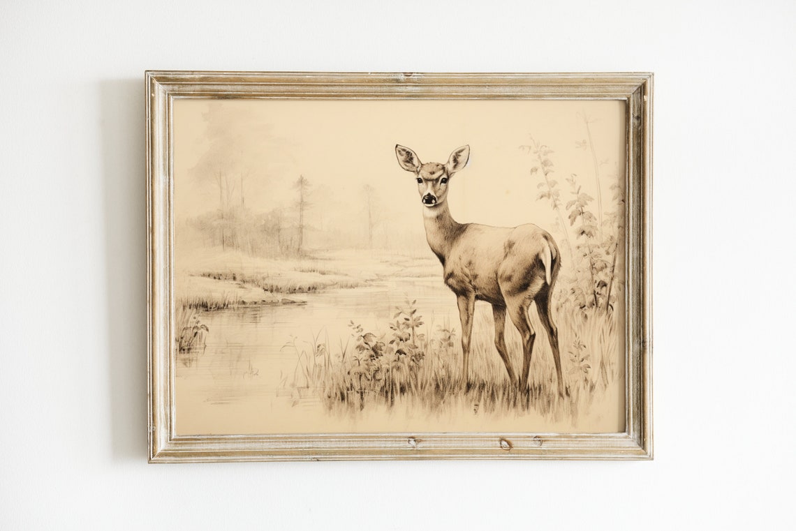 Young Deer Doe by the Marsh Vintage Sepia Wildlife Sketch Art Print - Image 2