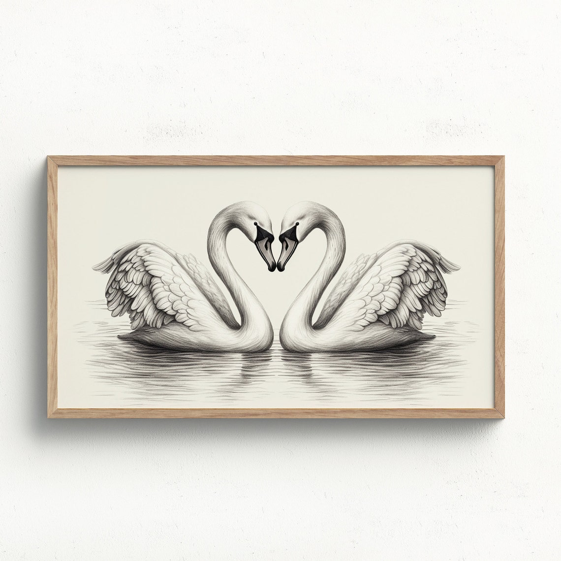 Two Swans Facing Heart Necks Pencil Sketch Romantic Animal Poster