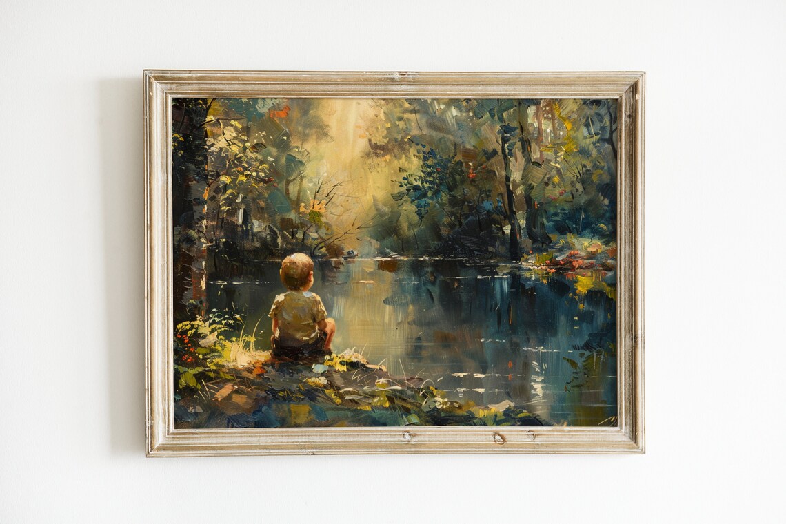 Boy By Pond Vintage Nature Art Print, Boys Nursery Decor - Image 2