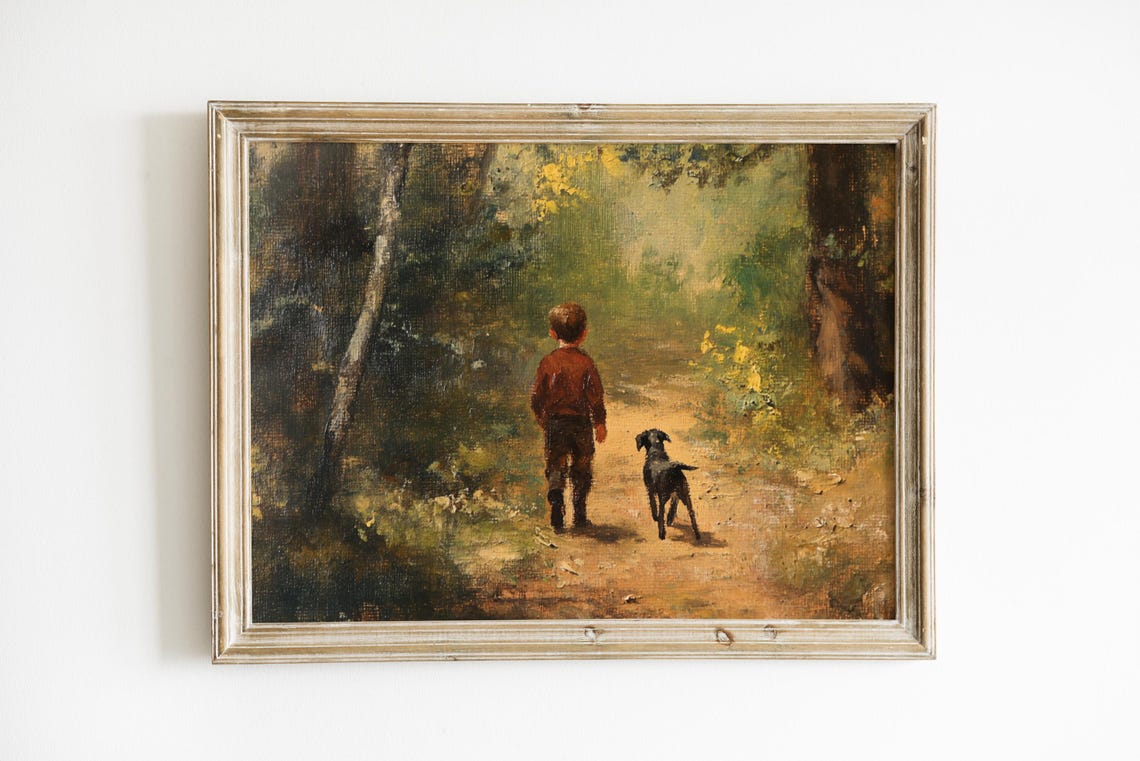 Boy and His Dog Walking Down a Forest Path Vintage Oil Painting Poster