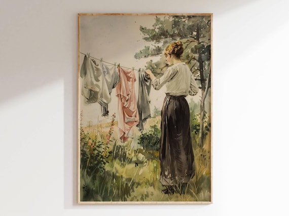 Vintage Woman Hanging Laundry On Clothesline Garden Watercolor Print