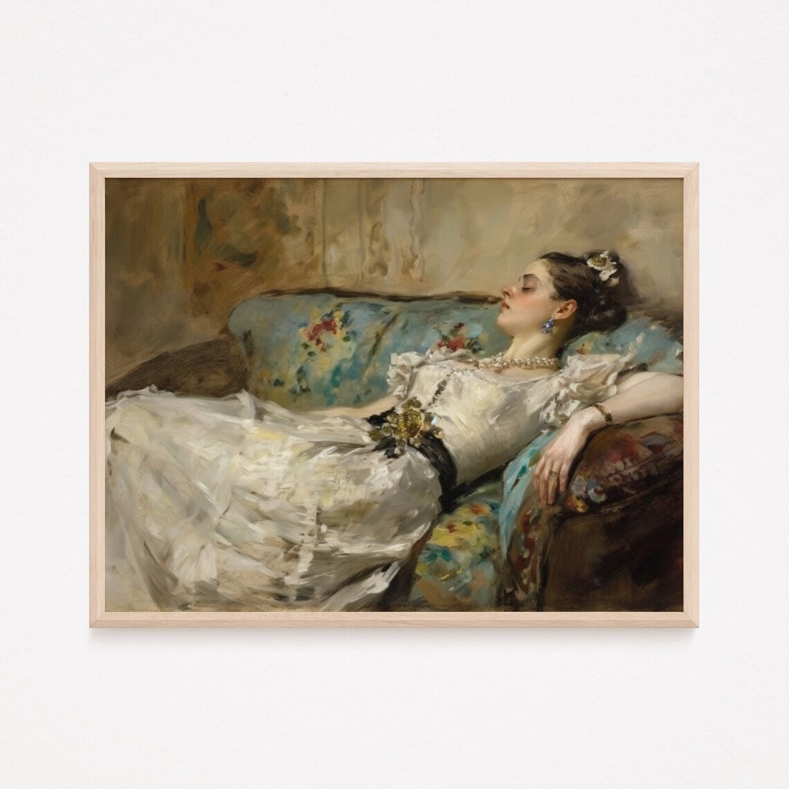 Victorian Woman Reclining On Floral Couch Moody Classic Oil Painting Poster - Image 2