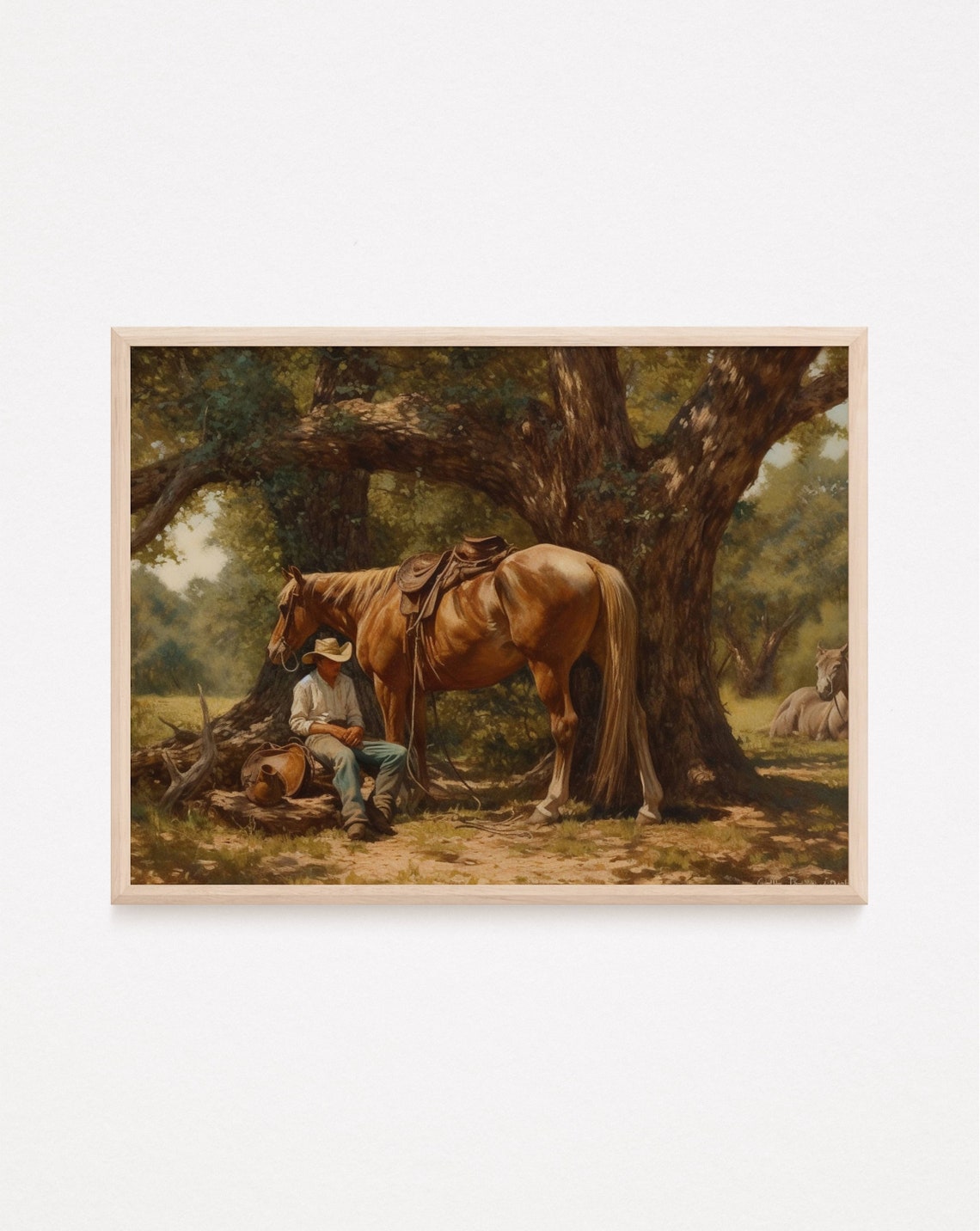 Cowboy Resting Under Oak Tree With Saddled Horse Western Art Poster - Image 2