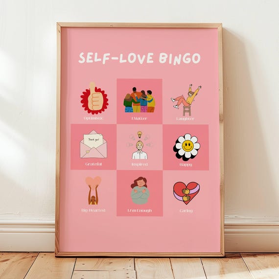 Selflove Bingo Cute Motivational Poster Cubicle Decor Mental Health Office Wall Art Positive Quote Dopamine