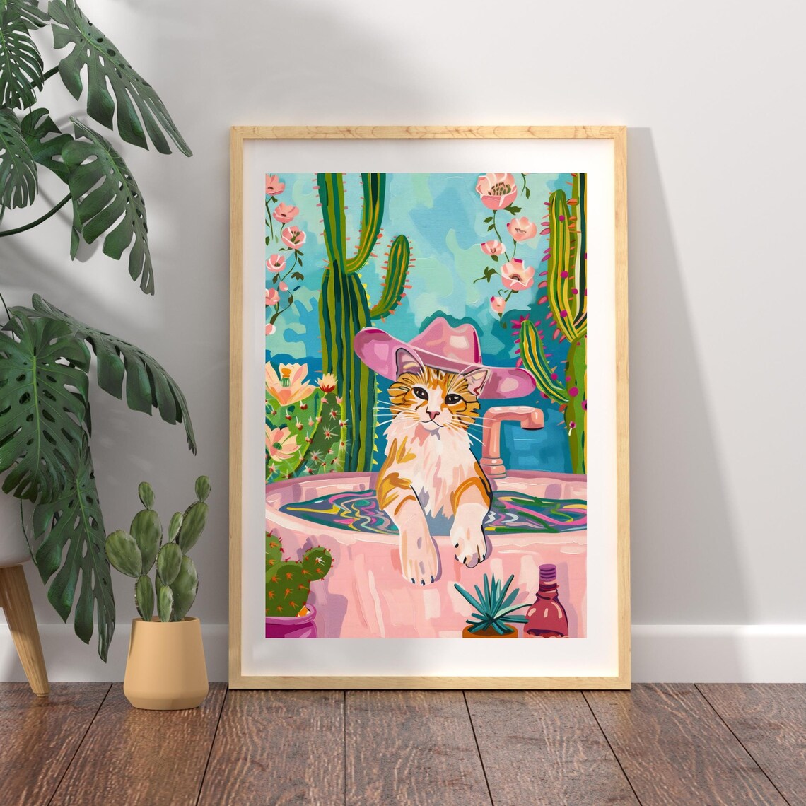 Cowboy Cat Wearing a Pink Hat Beside a Desert Bathtub Art Poster - Image 2