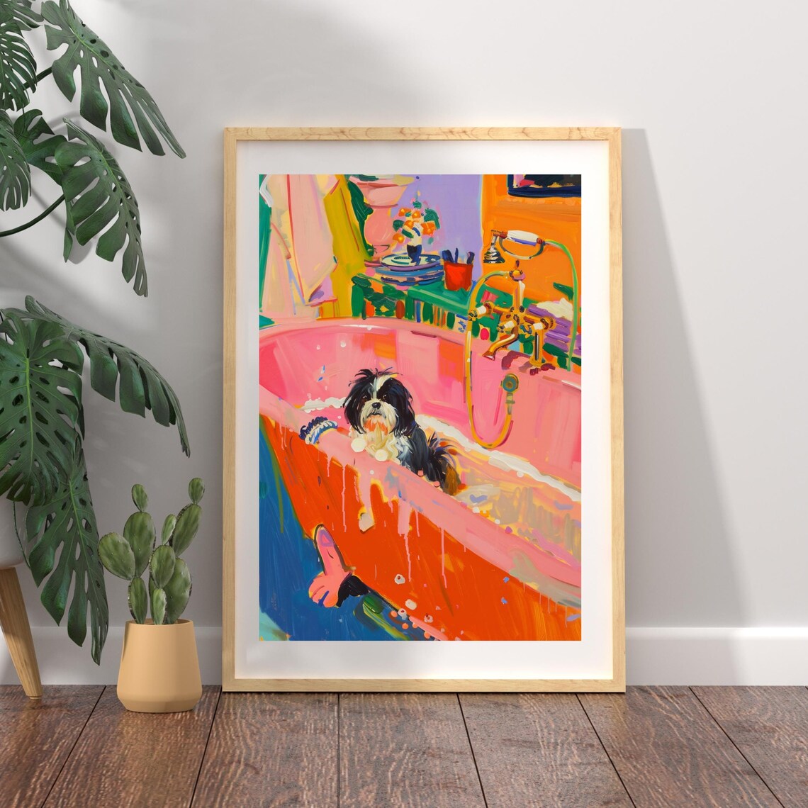 Shih Tzu In Pink Bathtub Poster Funny Colorful Dog Bathroom Decor