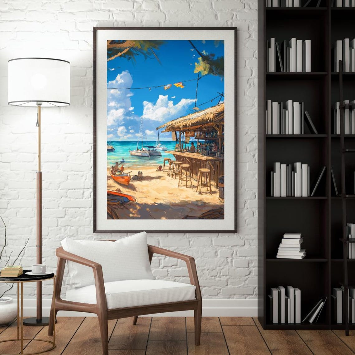 Tropical Beach Bar with Sailboats on Turquoise Waters Poster - Image 4