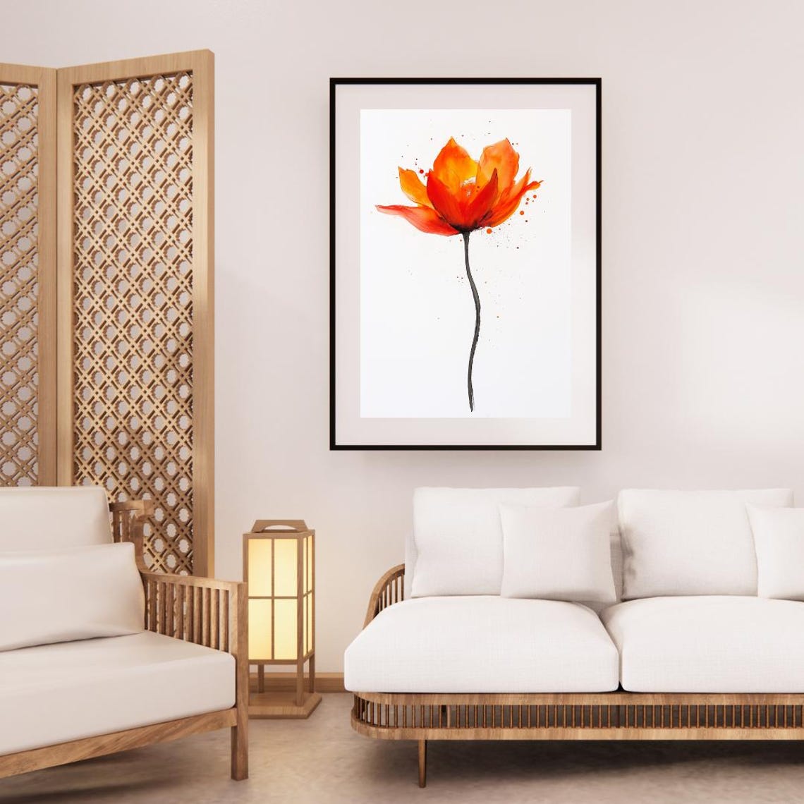 Single Orange Poppy Bloom Watercolor Splash Minimalist Poster - Image 3