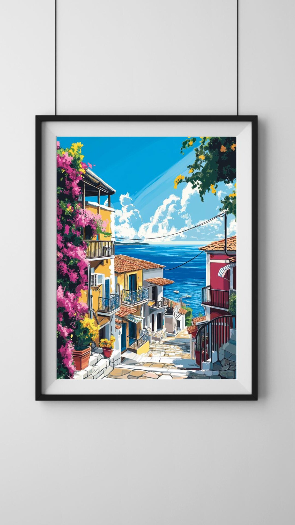 Mediterranean Village Staircase To The Sea With Bougainvillea Poster