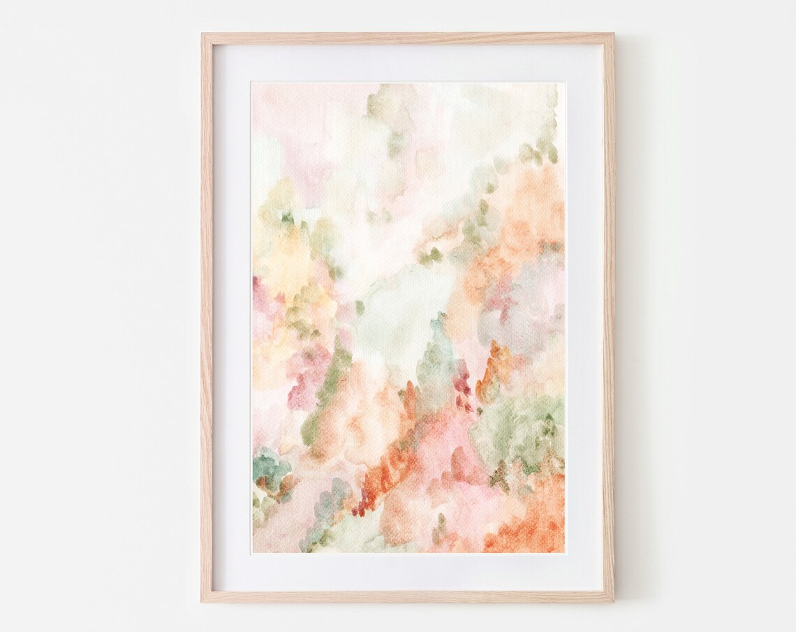 Soft Peach Blush Watercolor Poster Dreamy Pink Green Abstract Wash Art