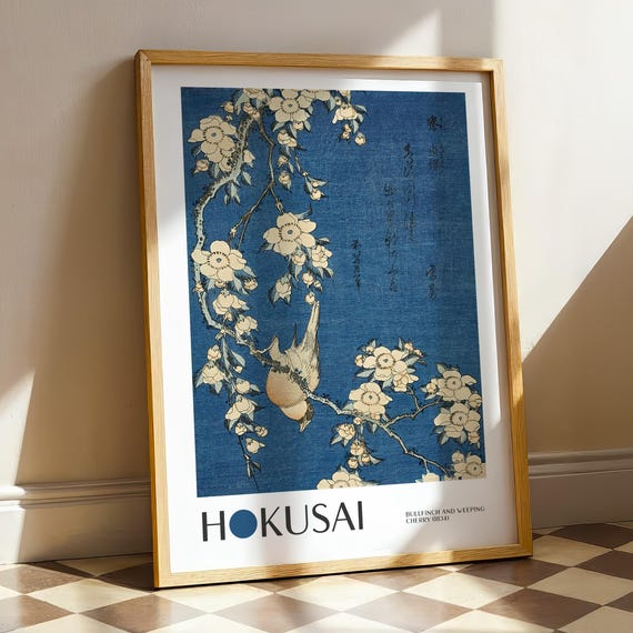 Katsushika Hokusai Print Bullfinch And Weeping Cherry Japanese Ukiyo E Art Vintage Japan Wall Decor Woodblock Style Japandi Print