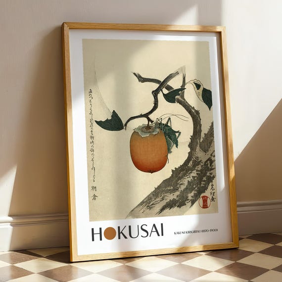Katsushika Hokusai Persimmon With Grasshopper, Vintage Japan
