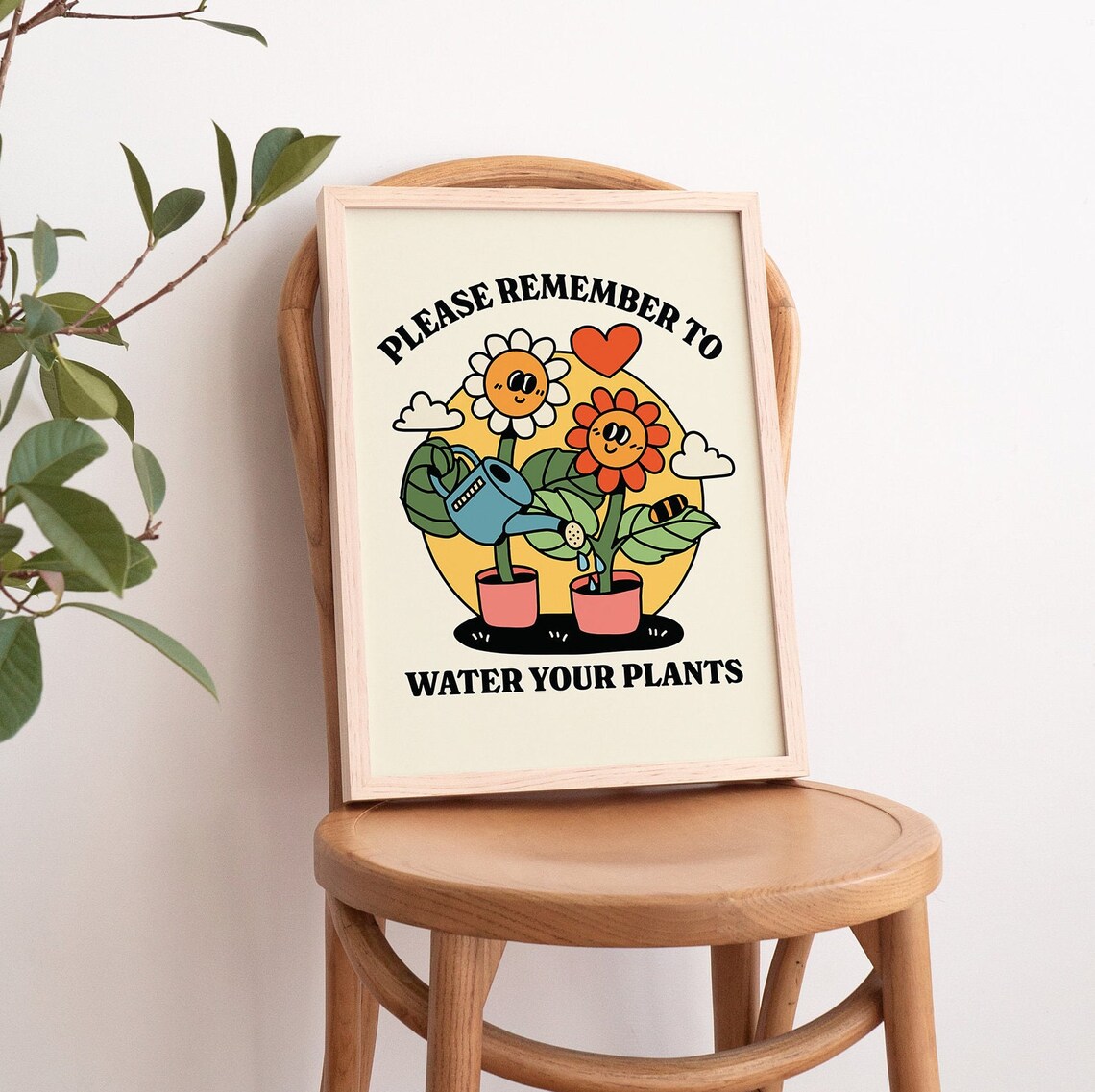 Retro Flowers Water Your Plants Quote Art Print - Image 3