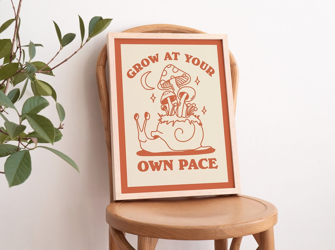 Grow At Your Own Pace Burnt Orange Snail Mushroom Vintage Quote Poster - Image 3