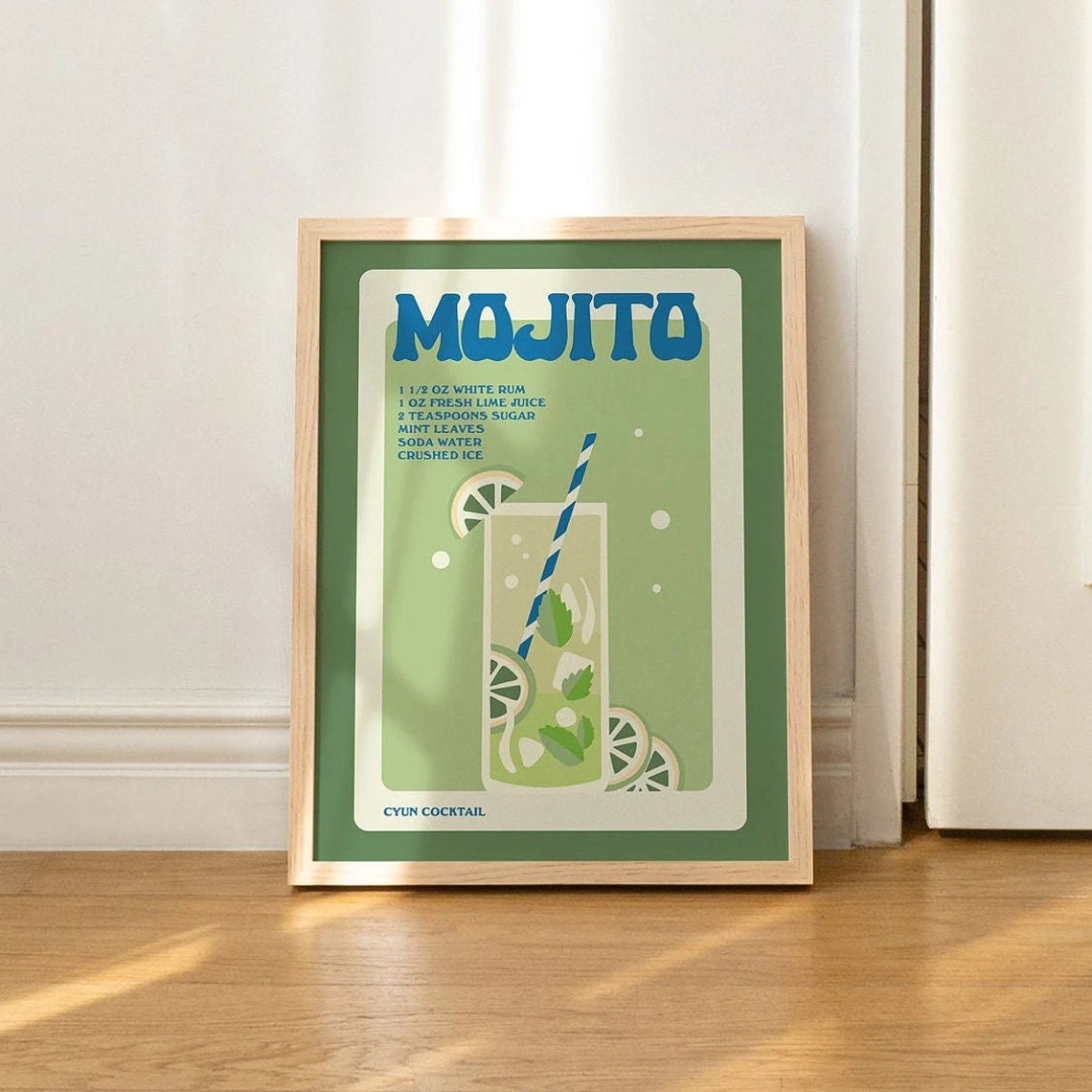Mojito Cocktail Recipe Green Retro Bar Kitchen Lime Mint Poster - Image 2