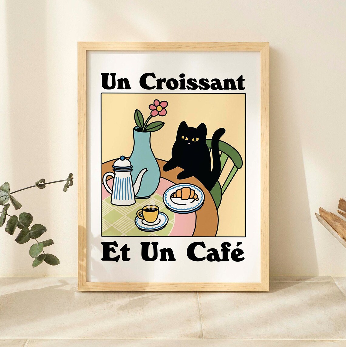 French Cafe Cat Print, Croissant Kitchen Poster