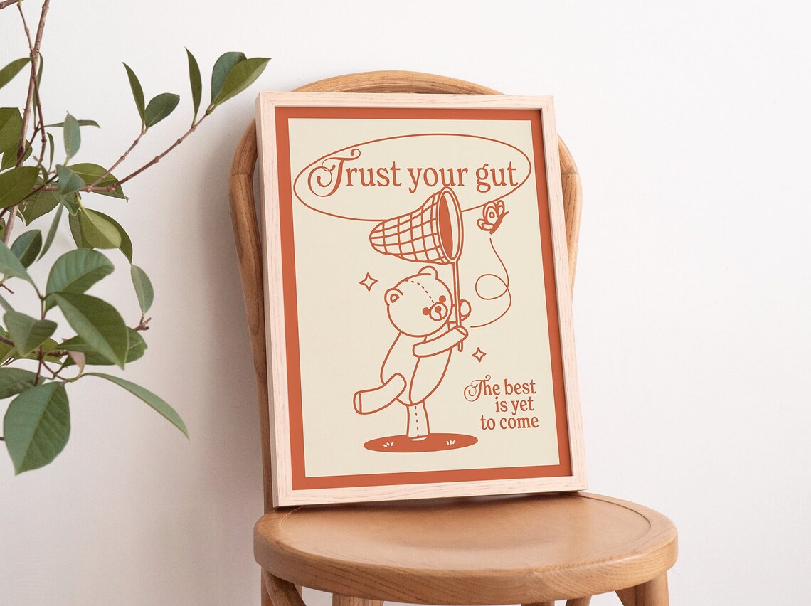 Trust Your Gut Bear Butterfly Net Print Retro Green Positive Wall Art Poster - Image 2