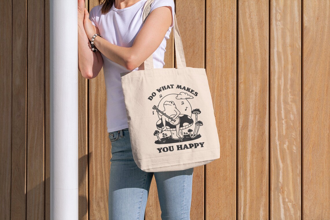 Do What Makes You Happy Banjo Frog Playing Guitar Mushroom Tote Bag - Image 3