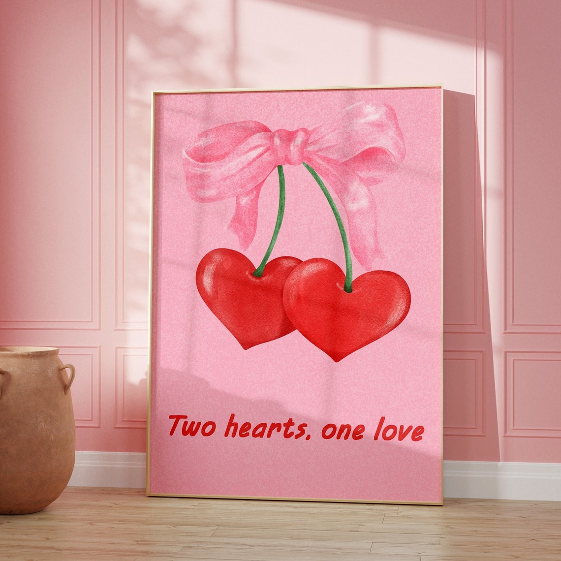 Two Hearts One Love Cherry Bow Pink Romantic Coquette Wall Art