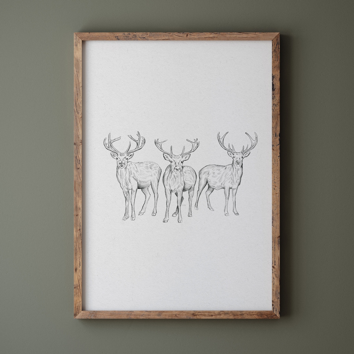 Reindeer Drawing Print, Neutral Vintage Holiday Art