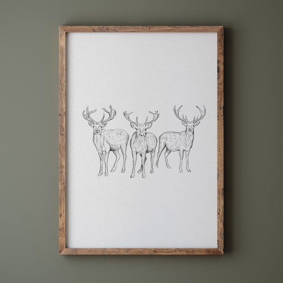 Reindeer Drawing Print, Neutral Vintage Holiday Art