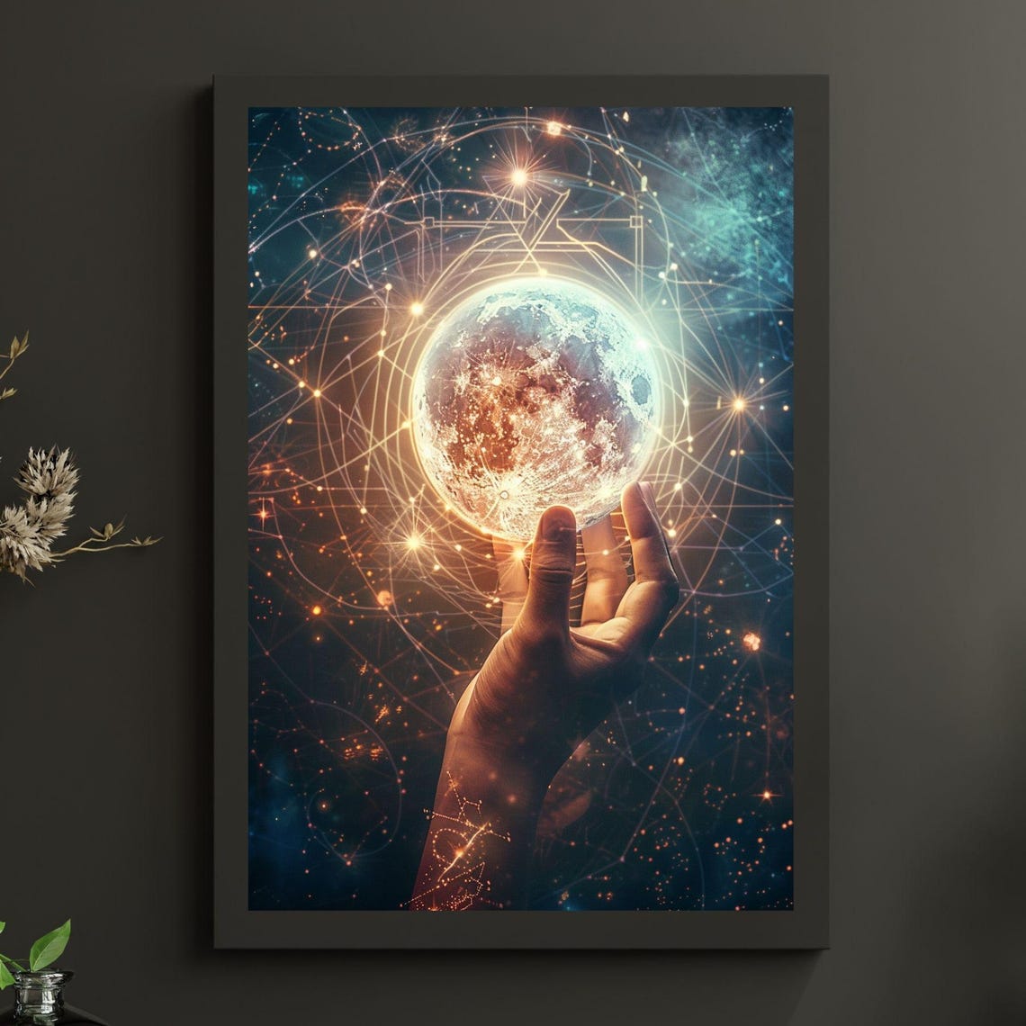 Hand Holding Glowing Moon Cosmic Sacred Geometry Wall Poster