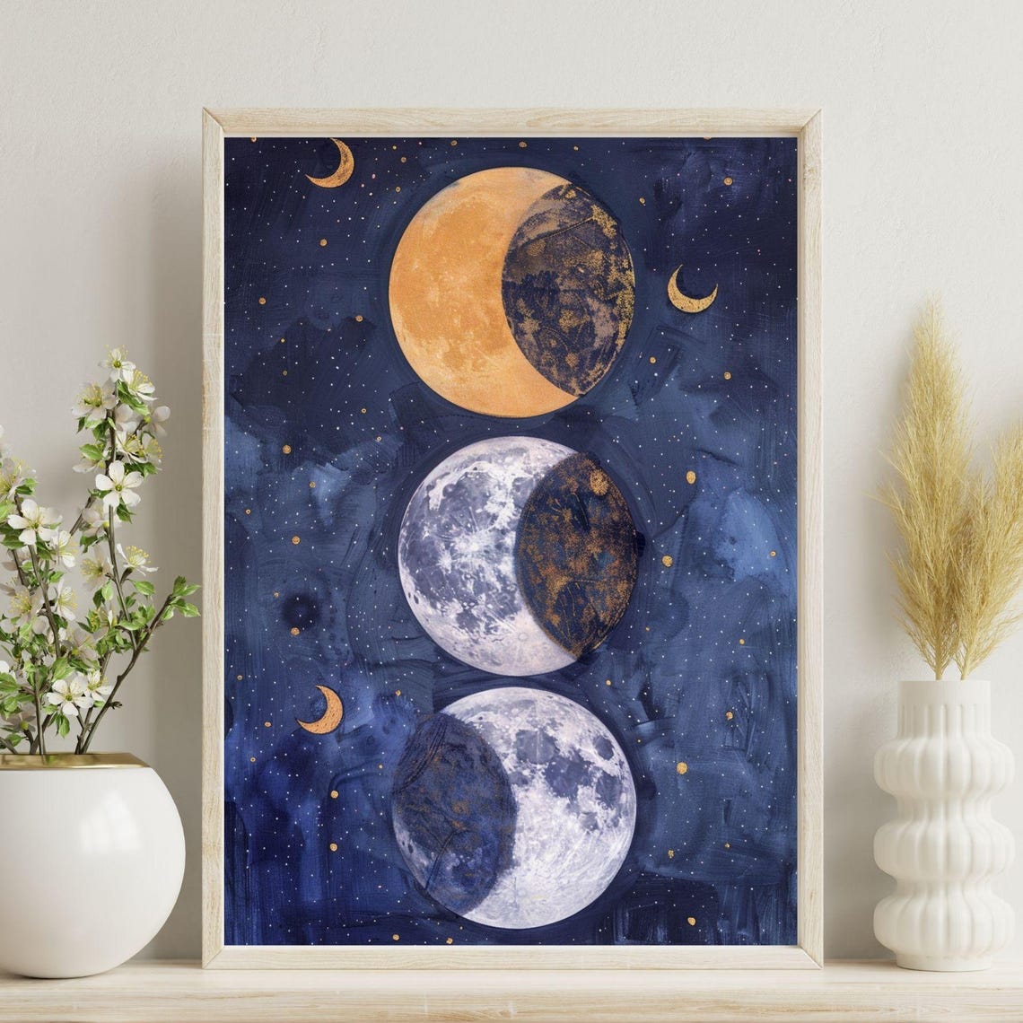 Triple Moon Phase Celestial Lunar Astrology Night Sky Art Poster