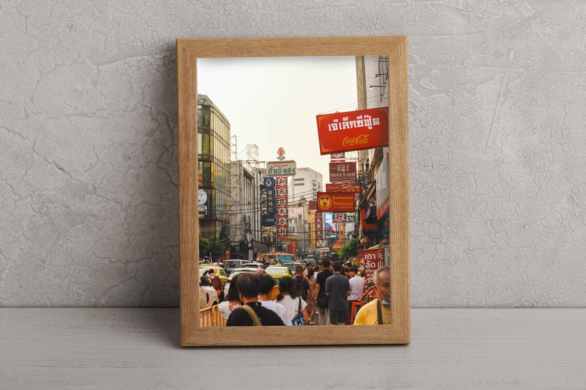 Bangkok Chinatown Street Bustling Crowd Neon Signs Travel Photo Poster