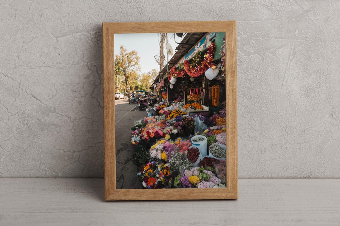 Colorful Street Flower Market with Marigold Garlands Photo Poster