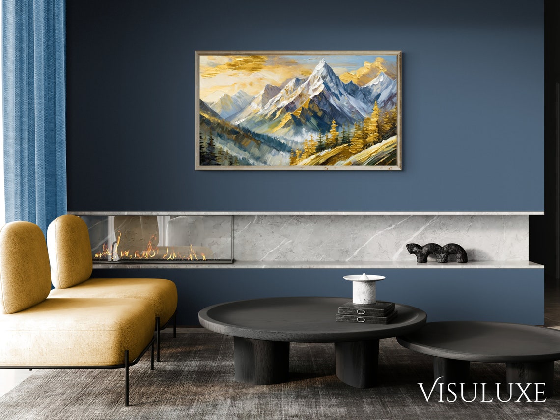 Golden Snow Capped Mountain Peaks Sunset Impasto Landscape Poster - Image 2