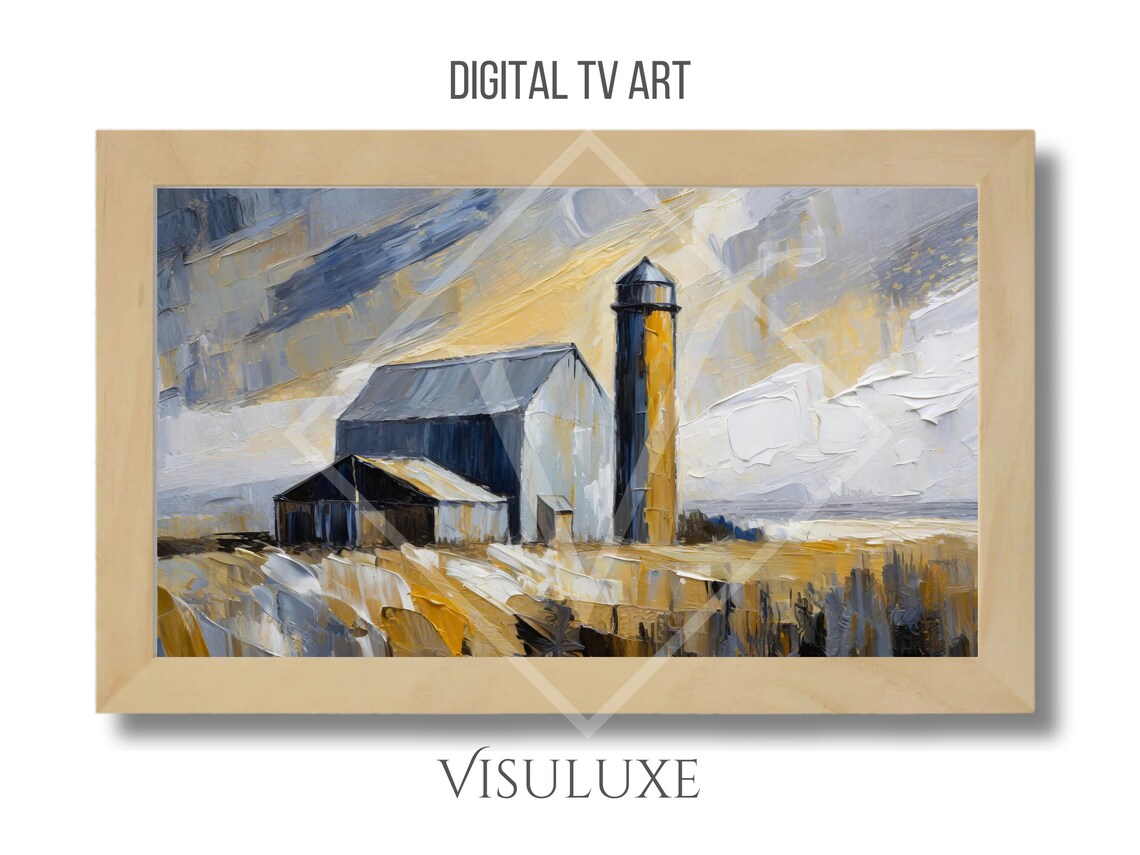 Navy Gold Barn Silo Golden Field Dramatic Sky Farm Painting Poster - Image 2