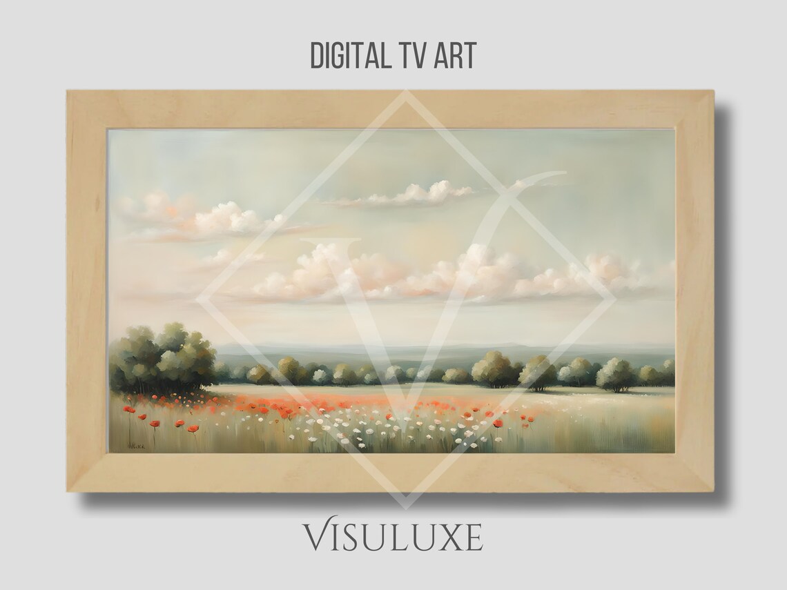 Peaceful Wildflower Meadow Treeline Pastel Sky Country Painting Poster - Image 4